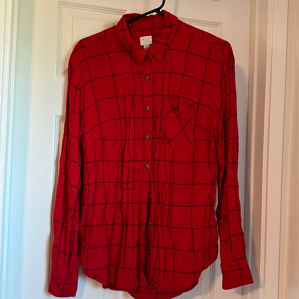 A New Day- Rayon (faux flannel) Red plaid button up. LG